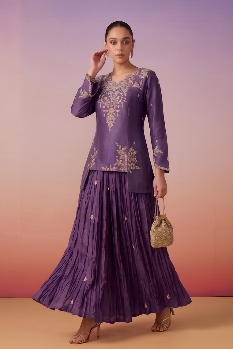 Plum Purple Embellished Chinon Silk Skirt Set