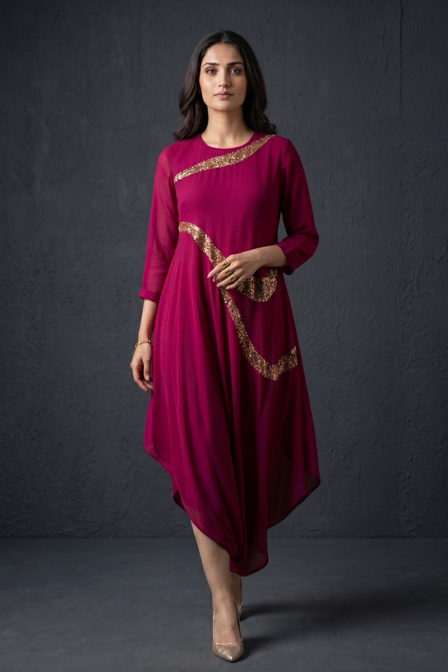 Magenta Draped Asymmetrical Crepe Silk Dress