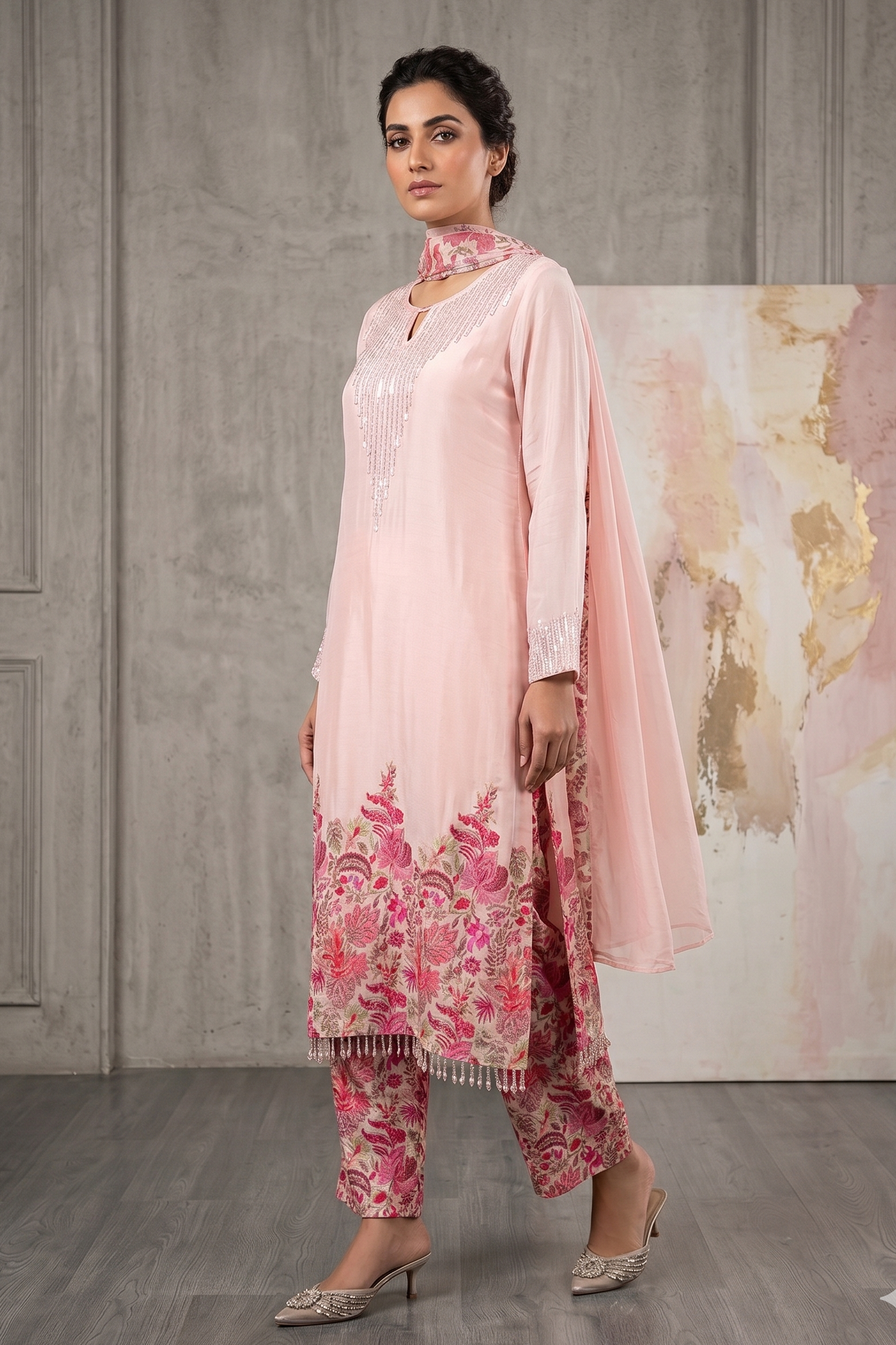 Blush Pink Embellished Crepe Silk Pant Set