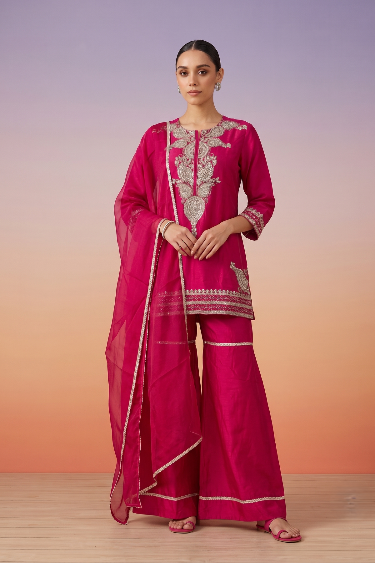 Mulberry Pink Embellished Crepe Silk Sharara Set