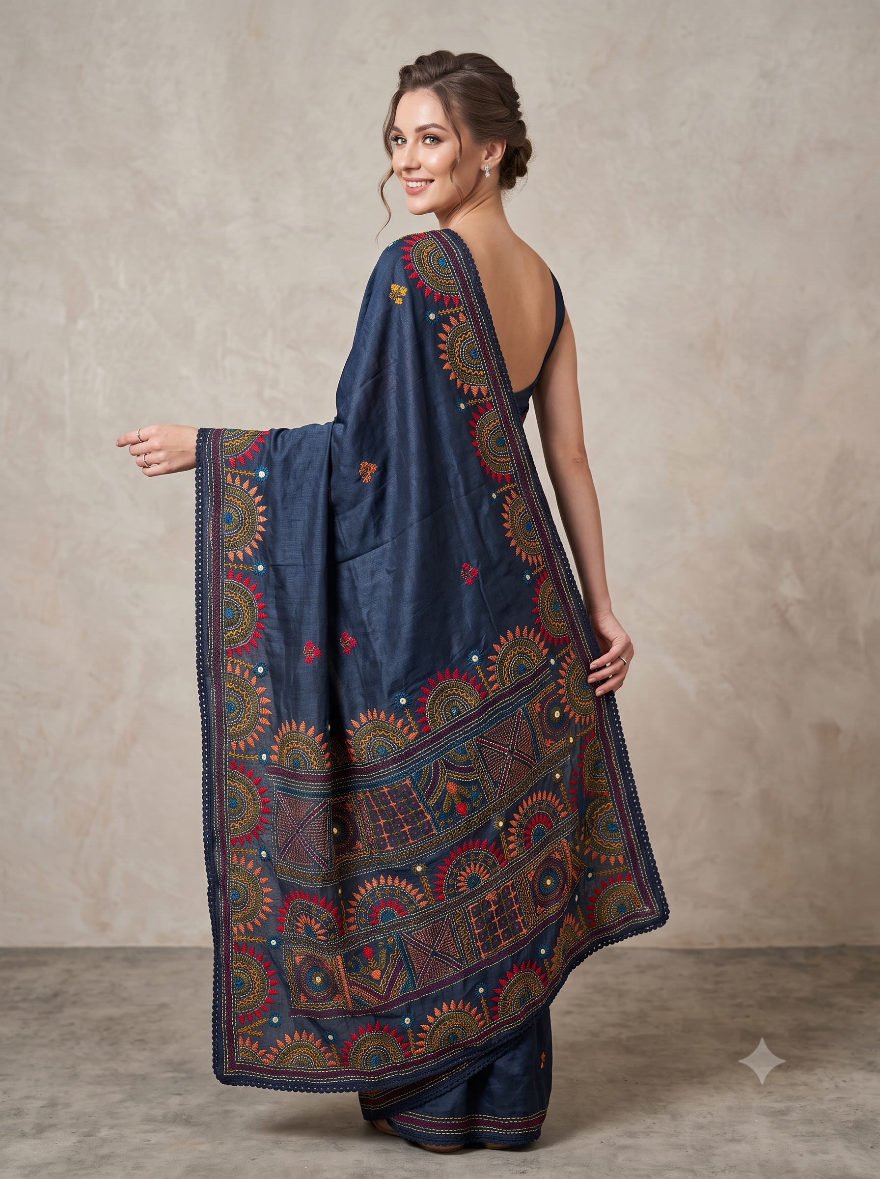 Navy Blue Embroidered Pure Tussar Silk Saree