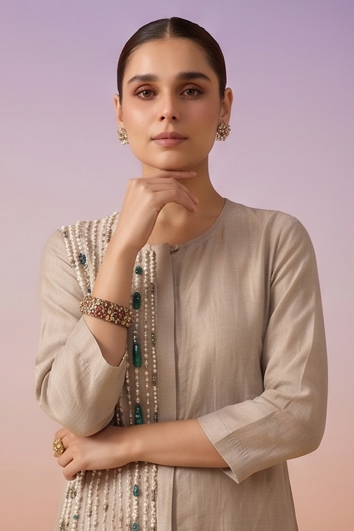 Silver Beige Embellished Shimmer Tissue Silk Co-ord Set