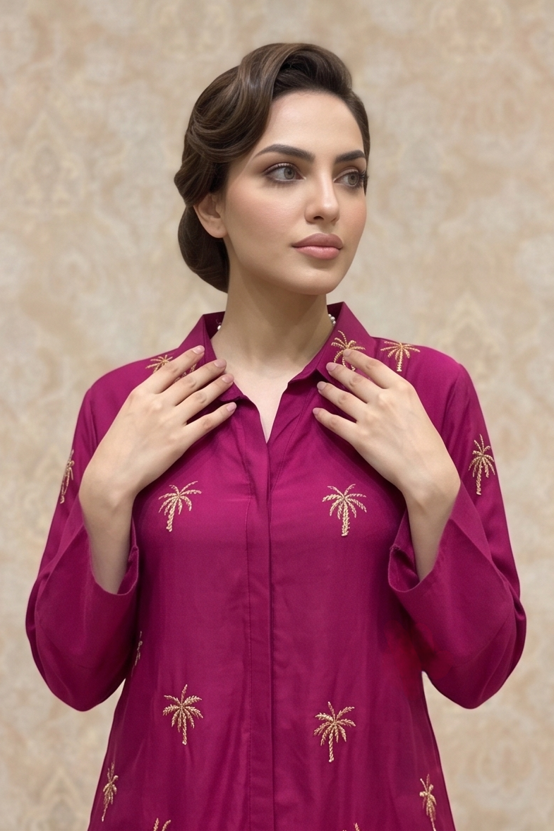 Magenta Pink Embellished Crepe Silk Co-Ord Set
