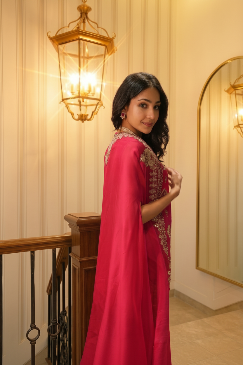 Ruby Pink Embellished Raw Silk Sharara Set