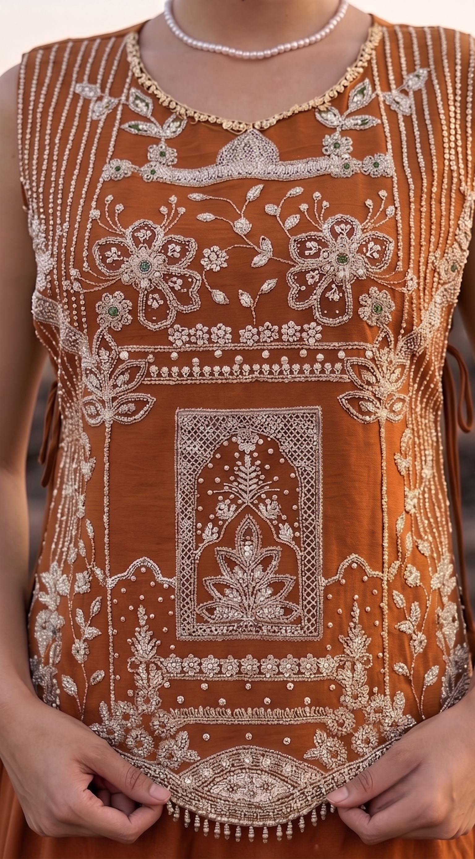 Bright Orange Embellished Tissue Silk Skirt Set