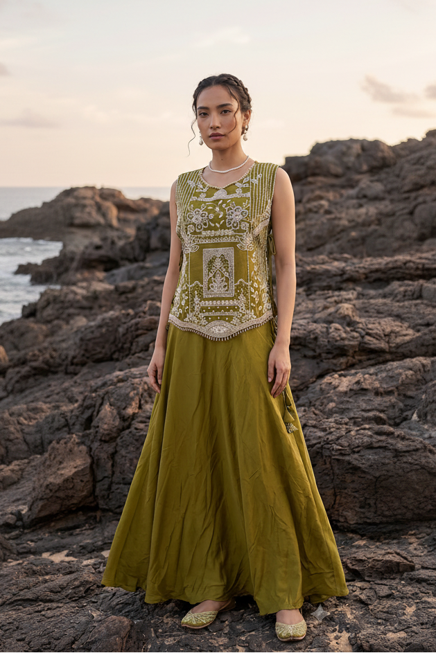 Olive Green Embellished Tissue Silk Skirt Set