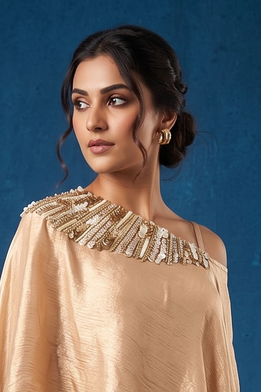 Rose Gold Embellished Georgette Silk Skirt Set