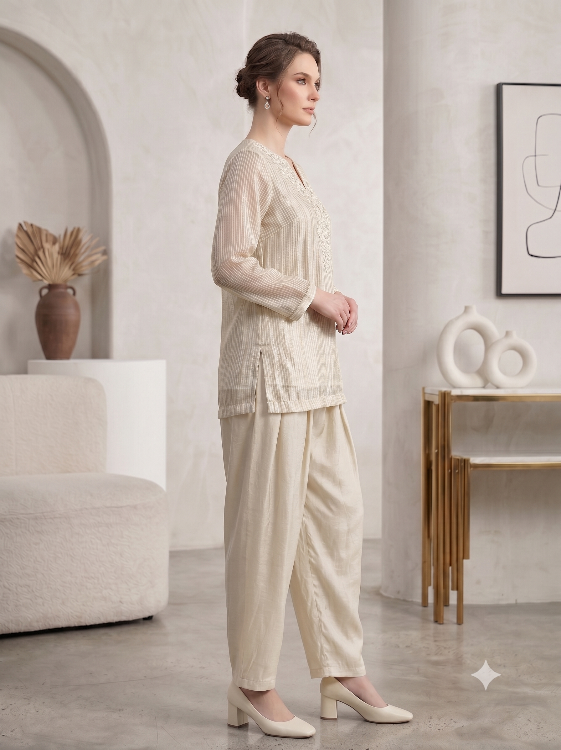 Champagne Ivory Shimmer Tissue Silk Co-Ord Set