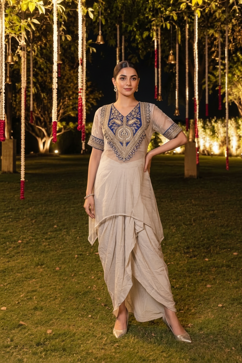 Champagne Blue Embellished Crepe Silk Skirt Set