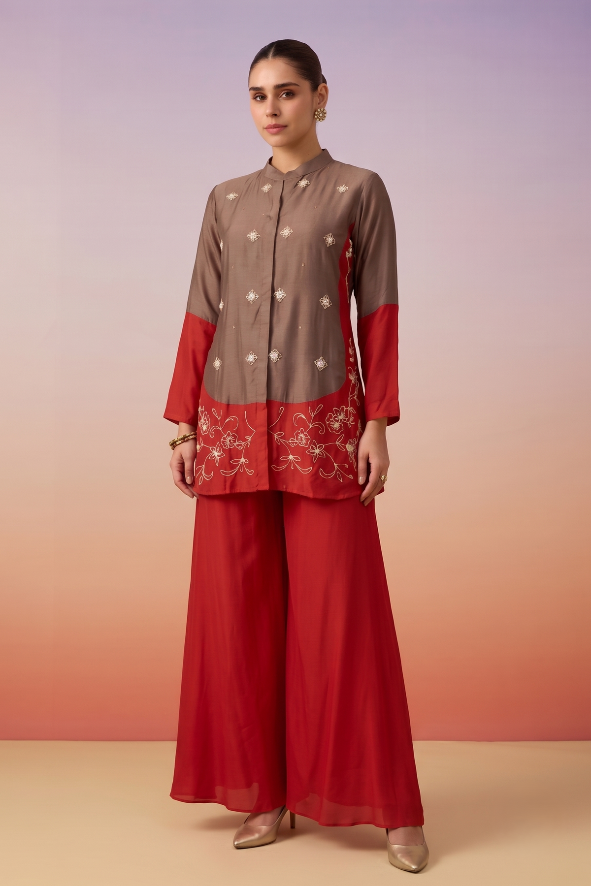 Taupe Brown Embellished Crepe Silk Co-ord Set