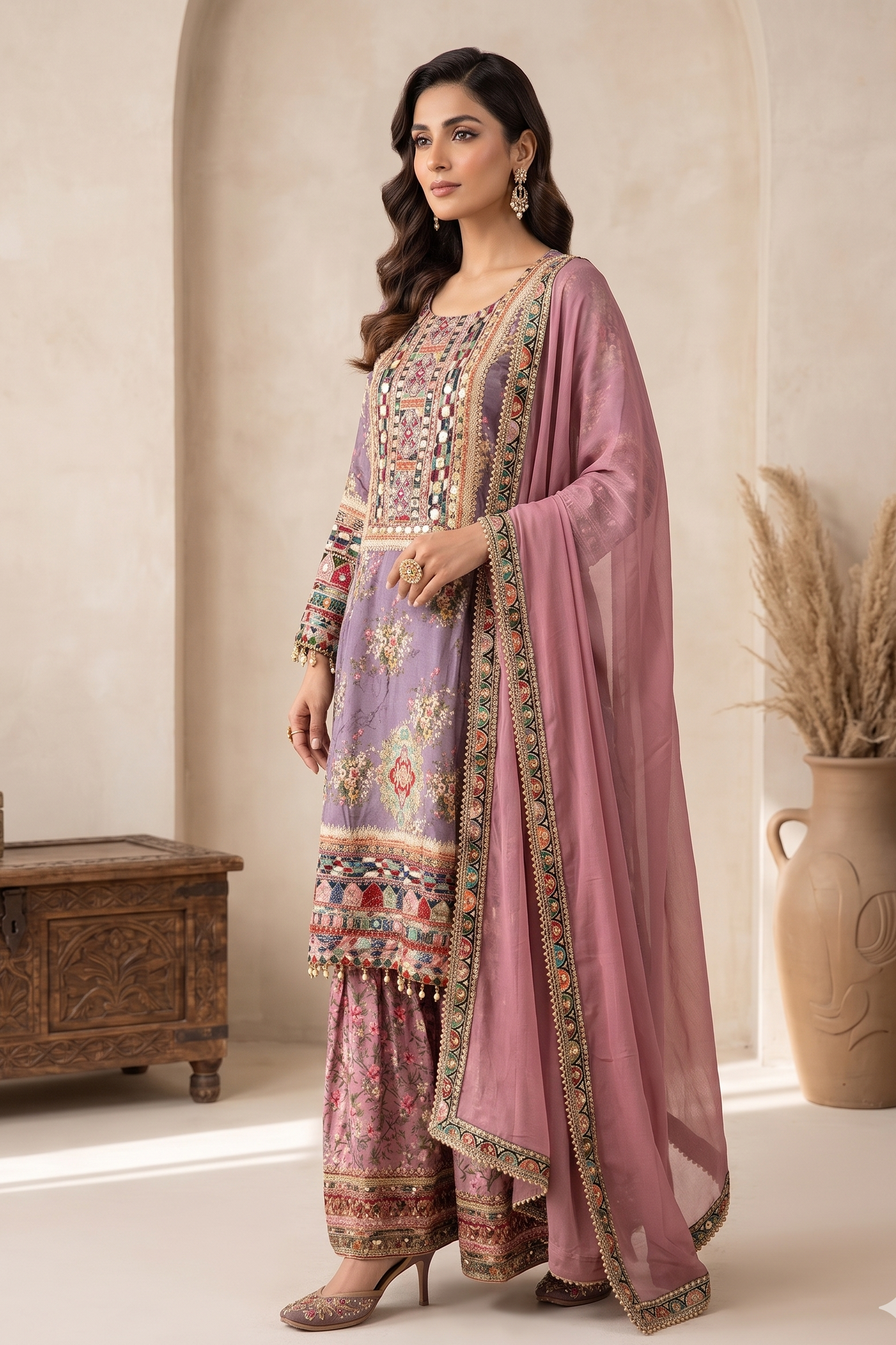 Mauve Floral Embellished Muslin Silk Sharara Set