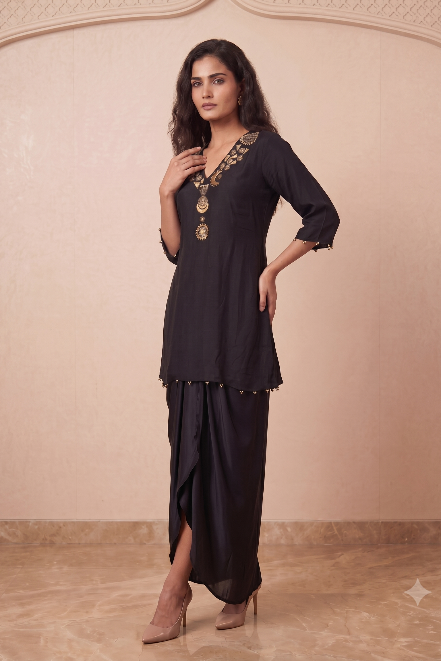 Ebony Black Embellished Crepe Silk Skirt Set