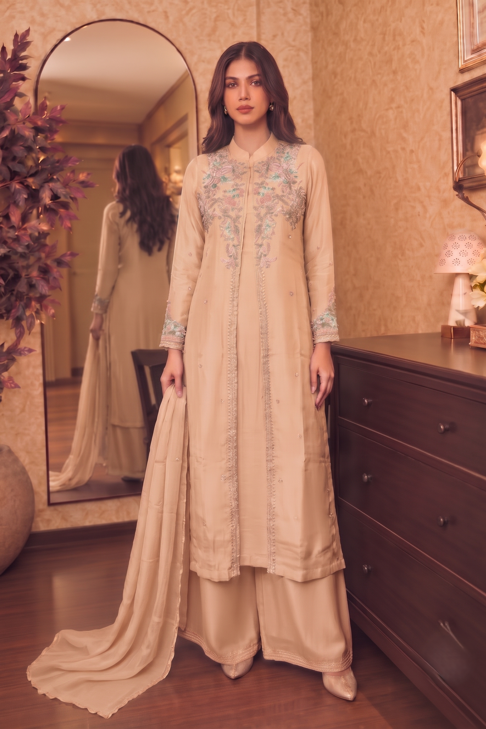 Dusty Peach Embellished Chinon Silk Palazzo Set