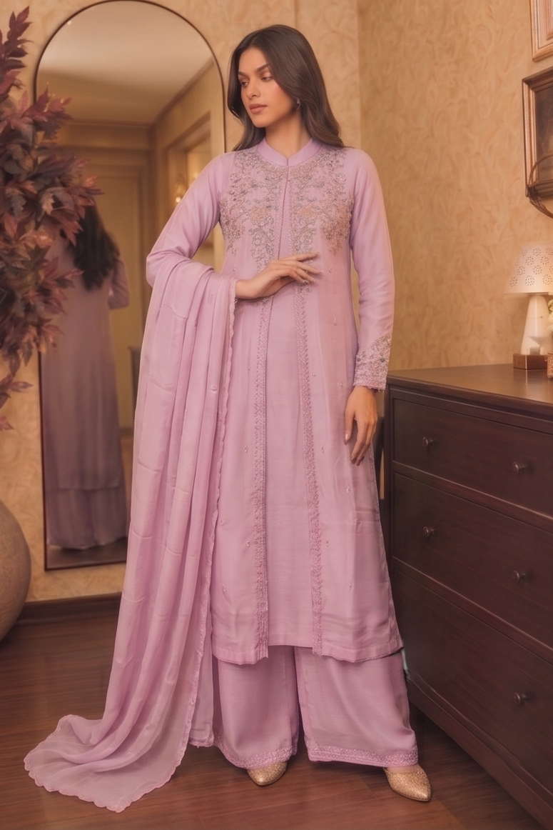 Lilac Pink Embellished Chinon Silk Palazzo Set