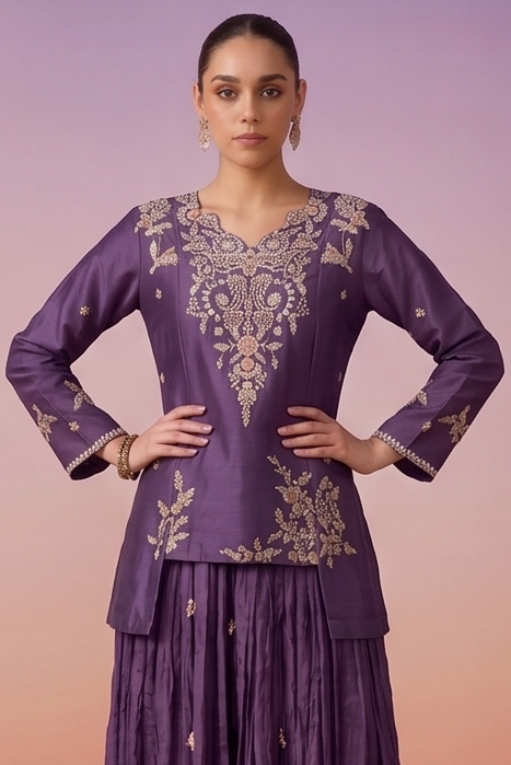 Plum Purple Embellished Chinon Silk Skirt Set