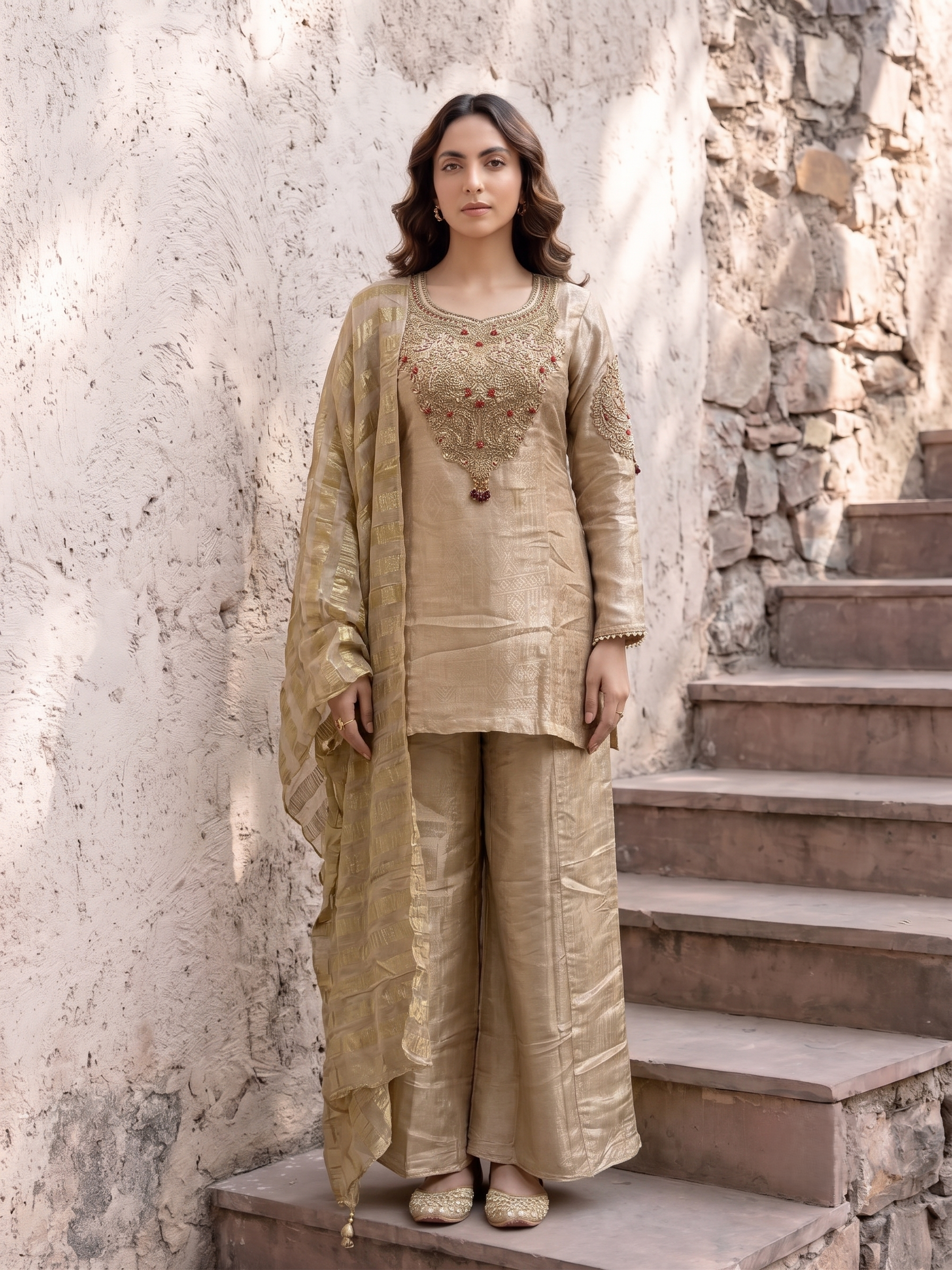 Peach Gold Embellished Shimmer Tissue Silk Palazzo Set