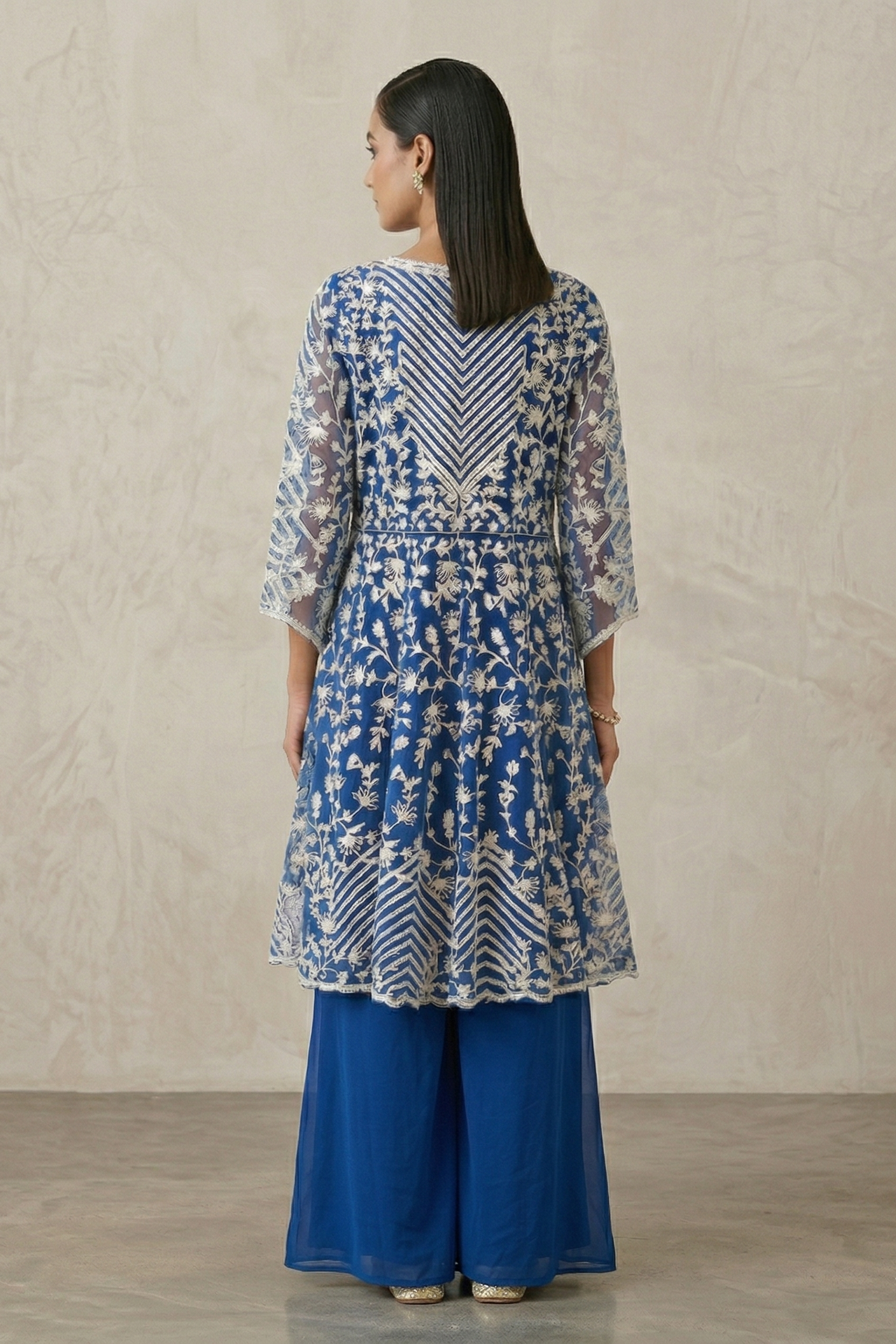 Cobalt Bloom Embellished Georgette Silk Palazzo Set