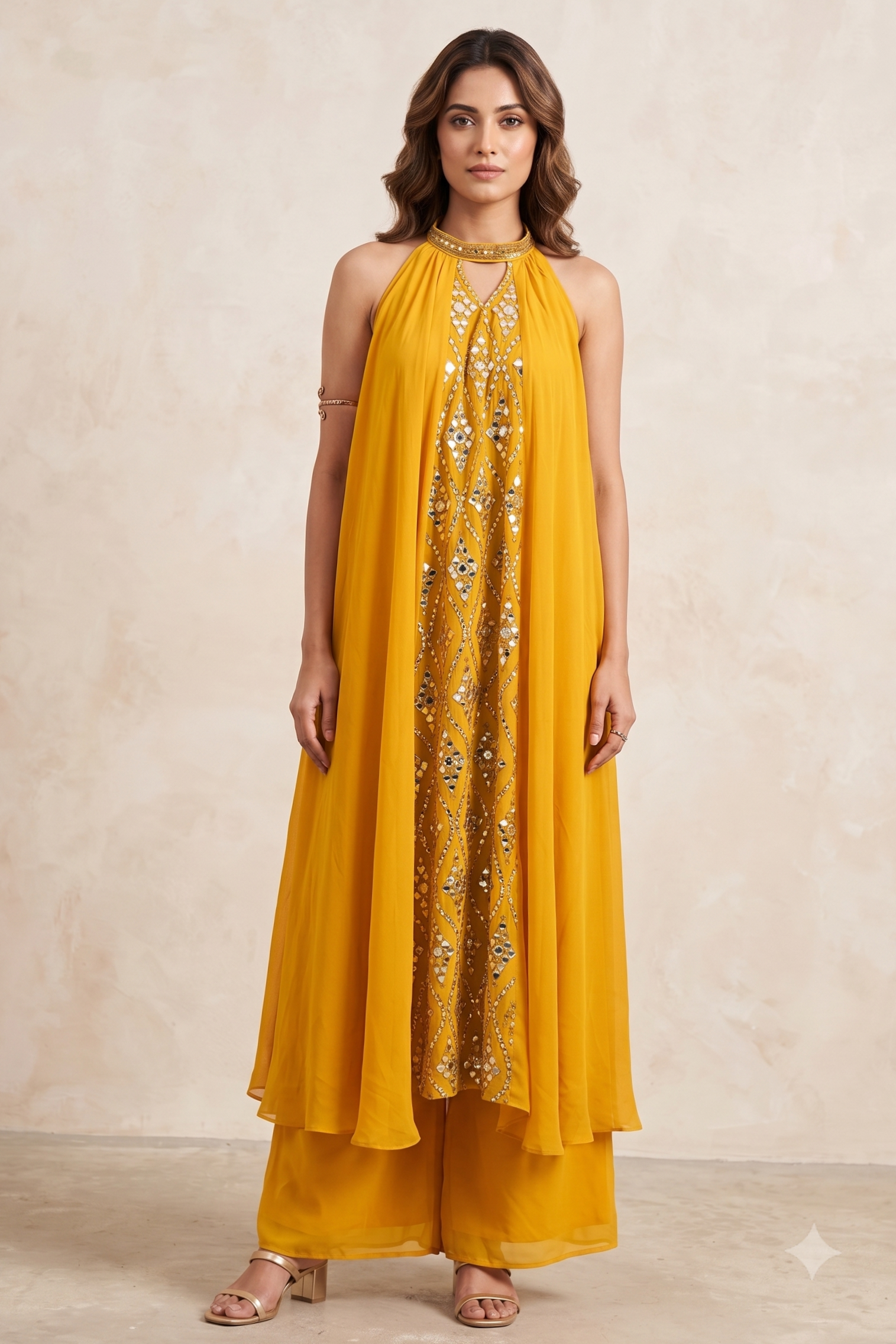 Mustard Yellow Embellished Georgette Silk Palazzo Set
