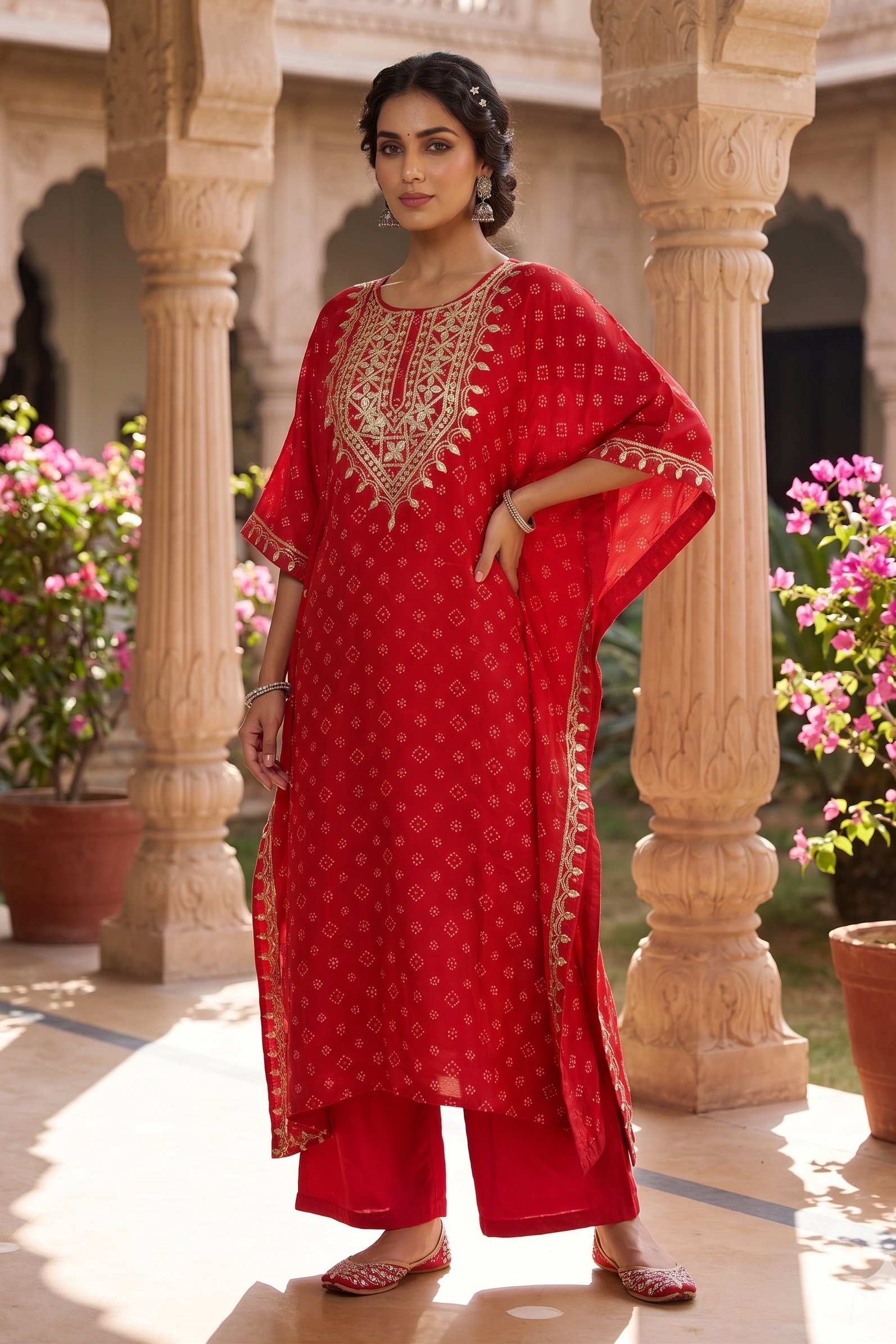Red Gota Patti Bandhej Kaftan Set