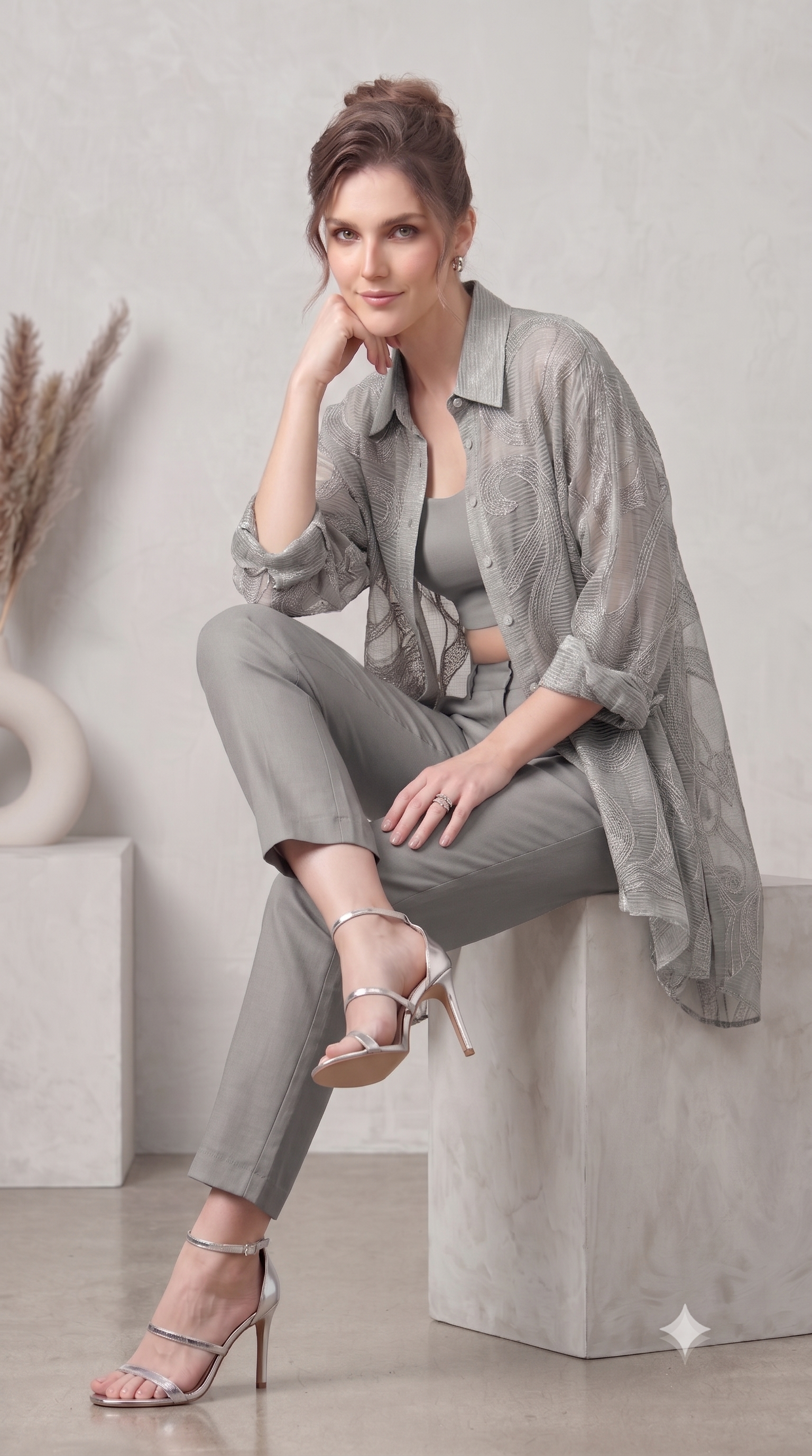 Grey Mist Embroidered Organza Silk Co-Ord Set