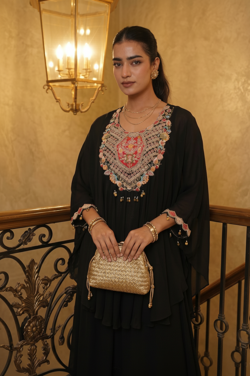 Black Boho Embellished Georgette Kaftan Set