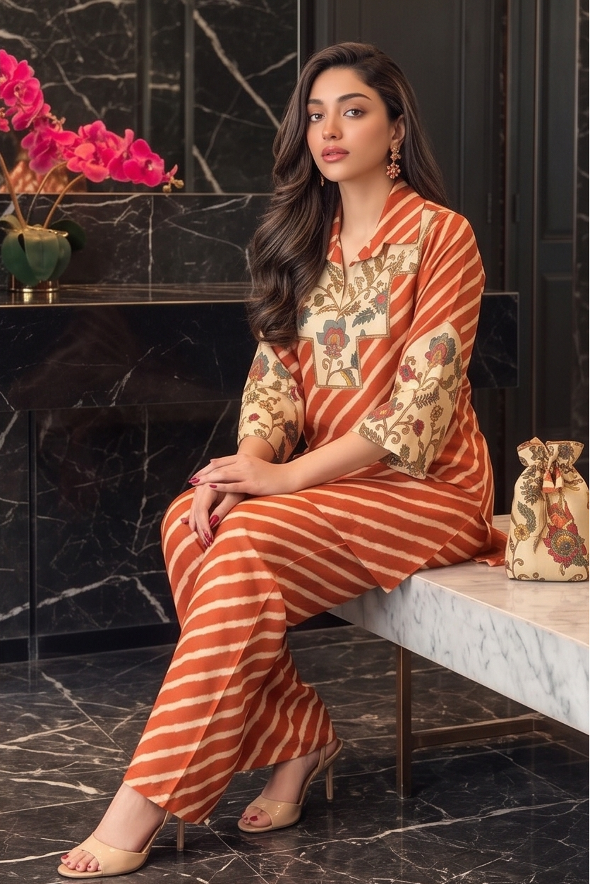 Rust Orange Printed Crepe Silk Co-Ord Set