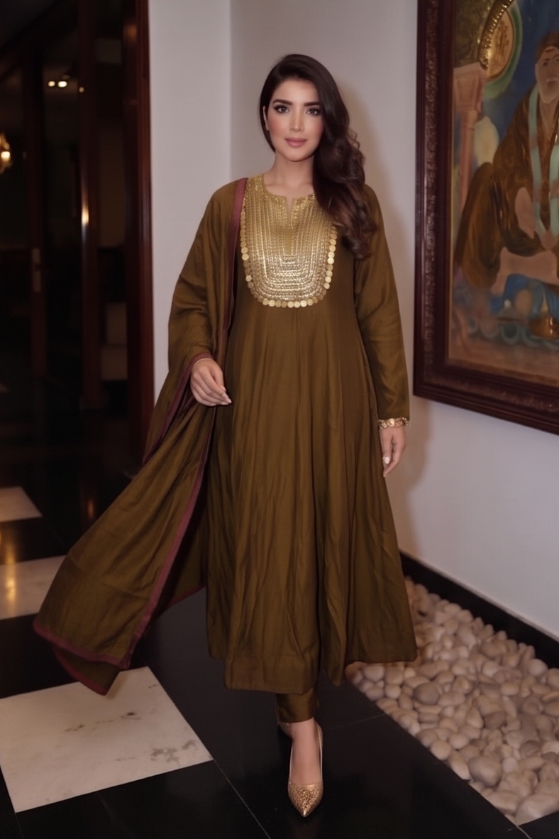 Espresso Brown Embellished Crepe Silk Anarkali Set