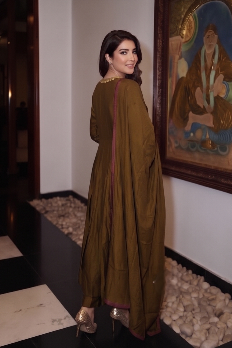 Espresso Brown Embellished Crepe Silk Anarkali Set