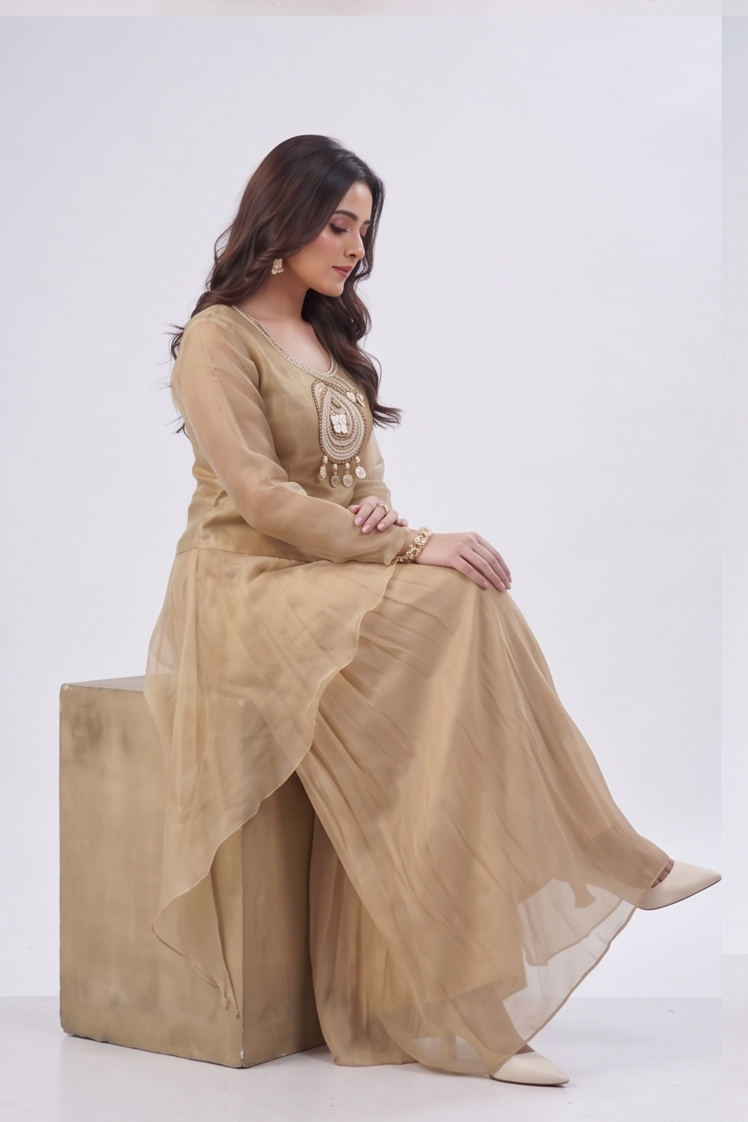Blush Gold Embellished Shimmer Organza Silk Palazzo Set