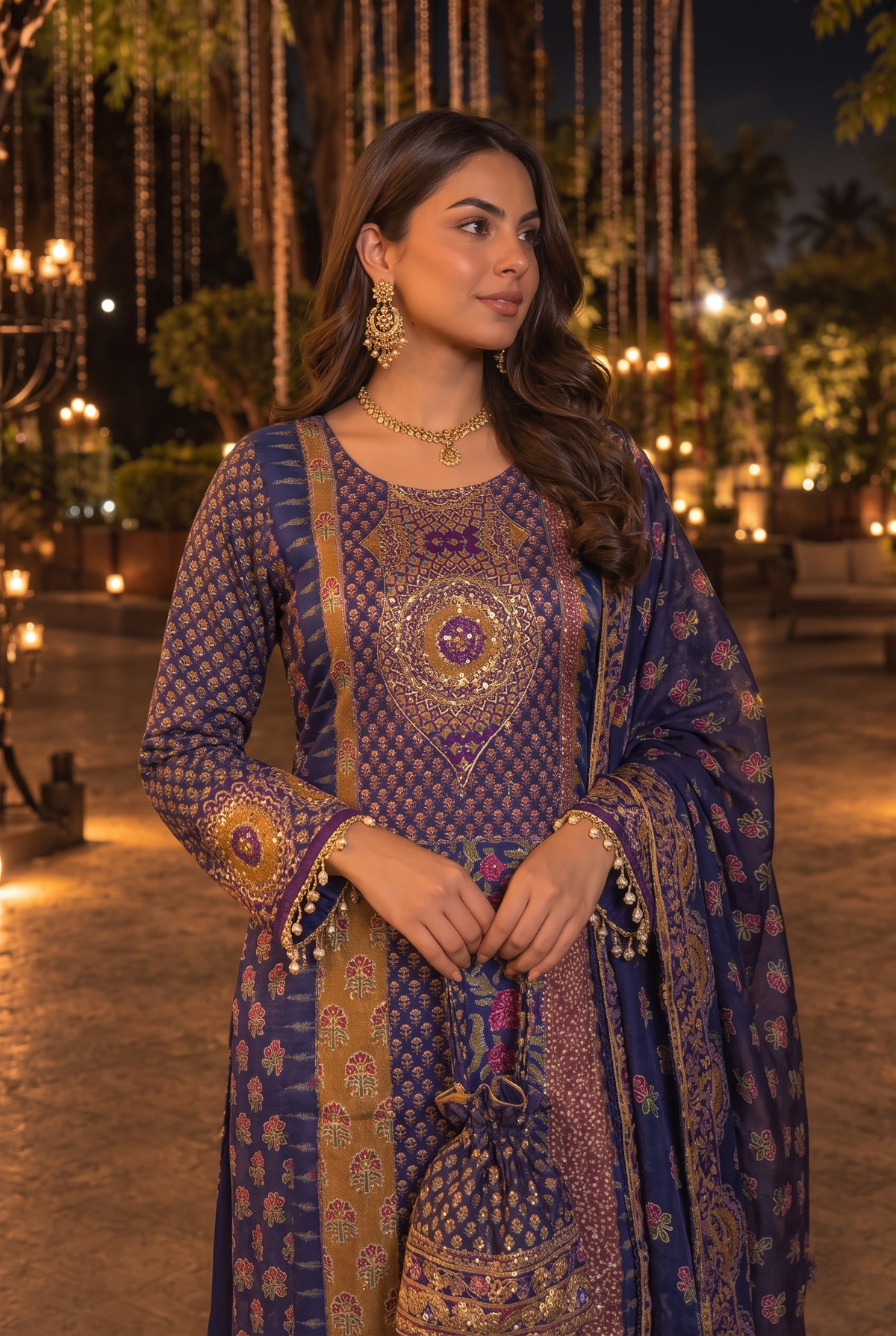 Royal Blue Embellished Crepe Silk Pant Set