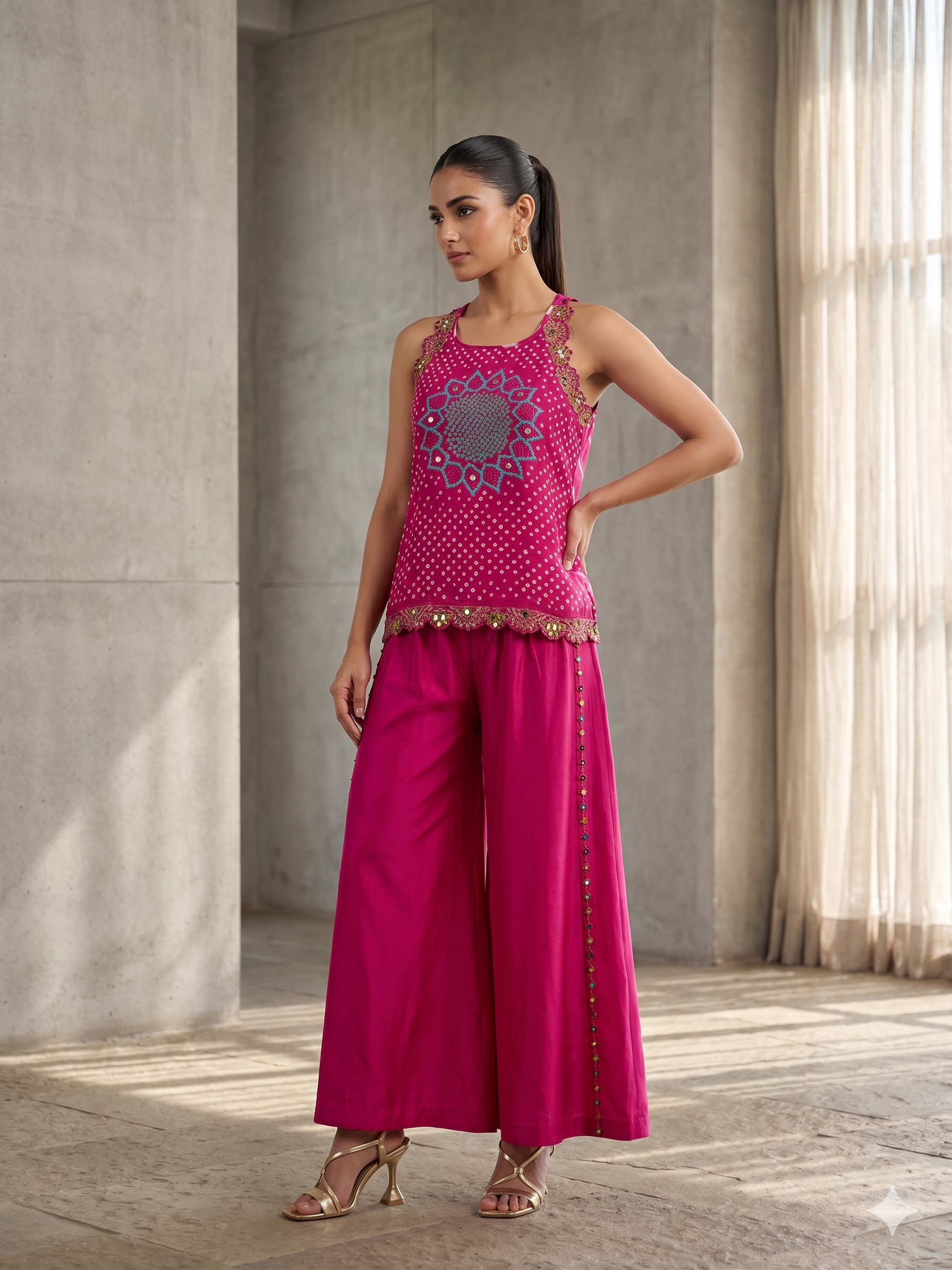 Fuchsia Mandala Embellished Satin Silk Palazzo Set