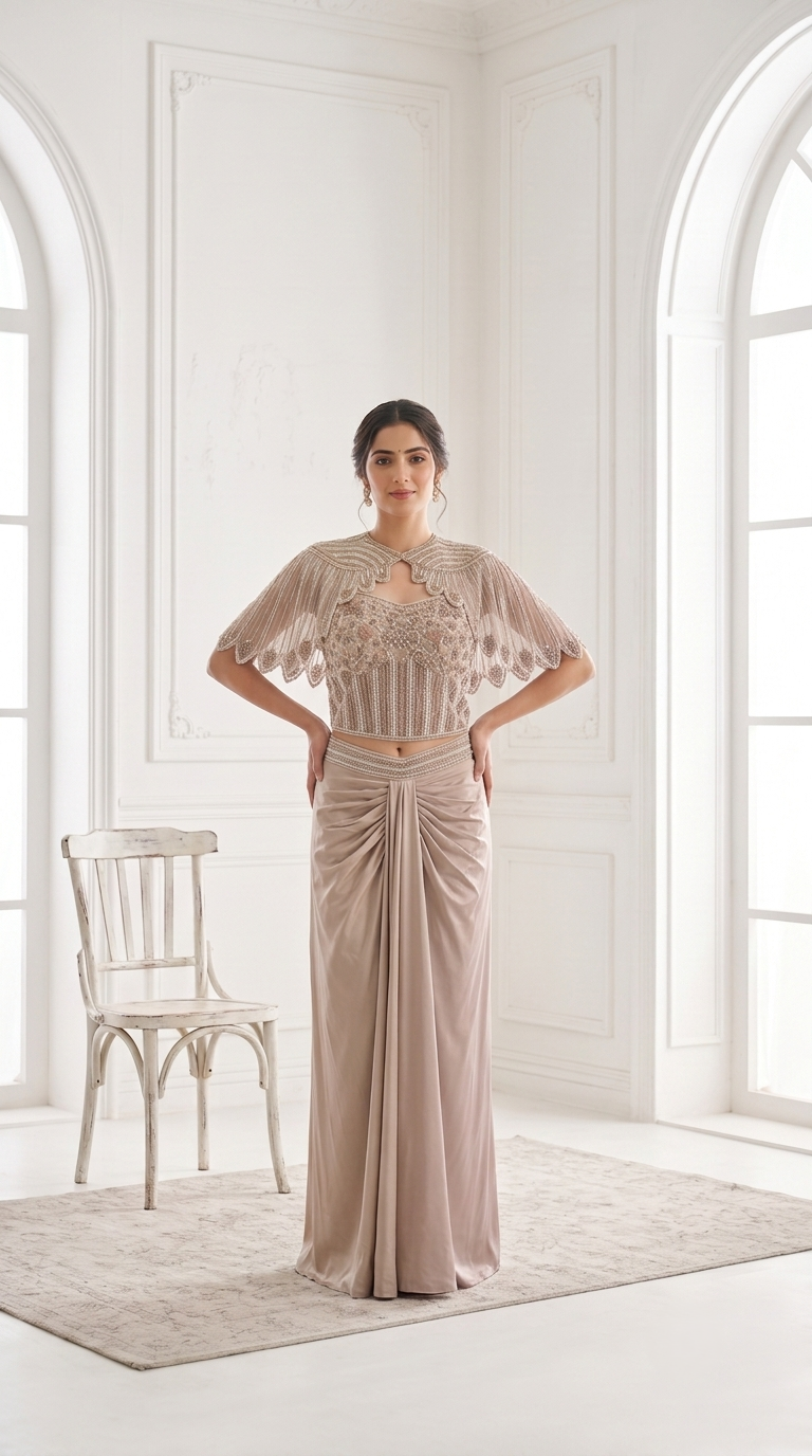 Dusty Taupe Embellished Satin Silk Skirt Set