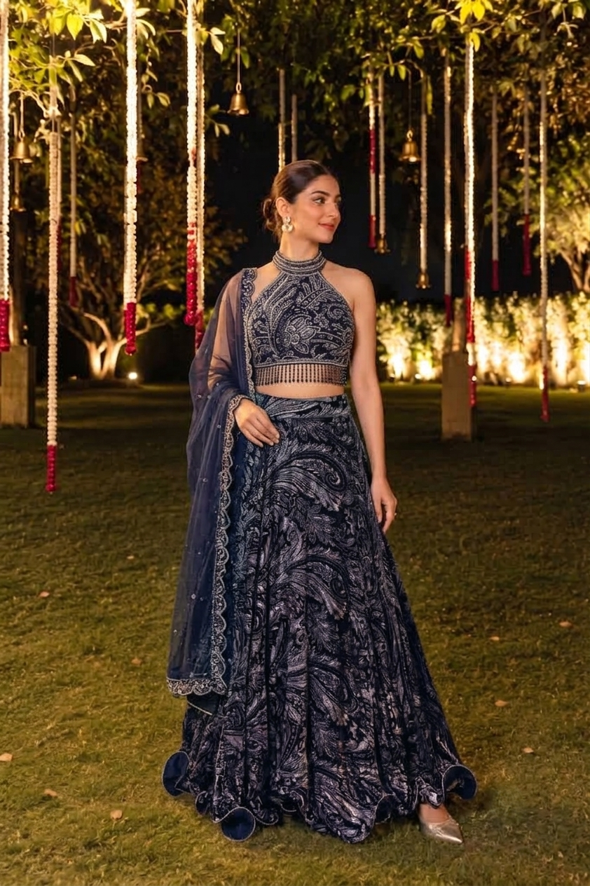 Deep Twilight Navy Embellished Velvet Silk Lehenga Set
