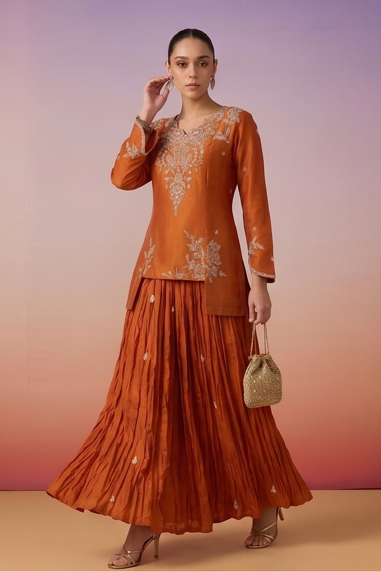 Soft Tangerine Embellished Crepe Silk Skirt Set