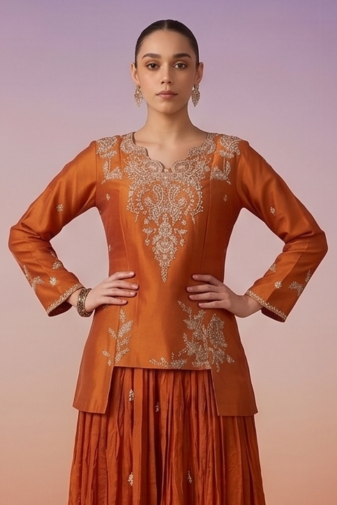Soft Tangerine Embellished Crepe Silk Skirt Set
