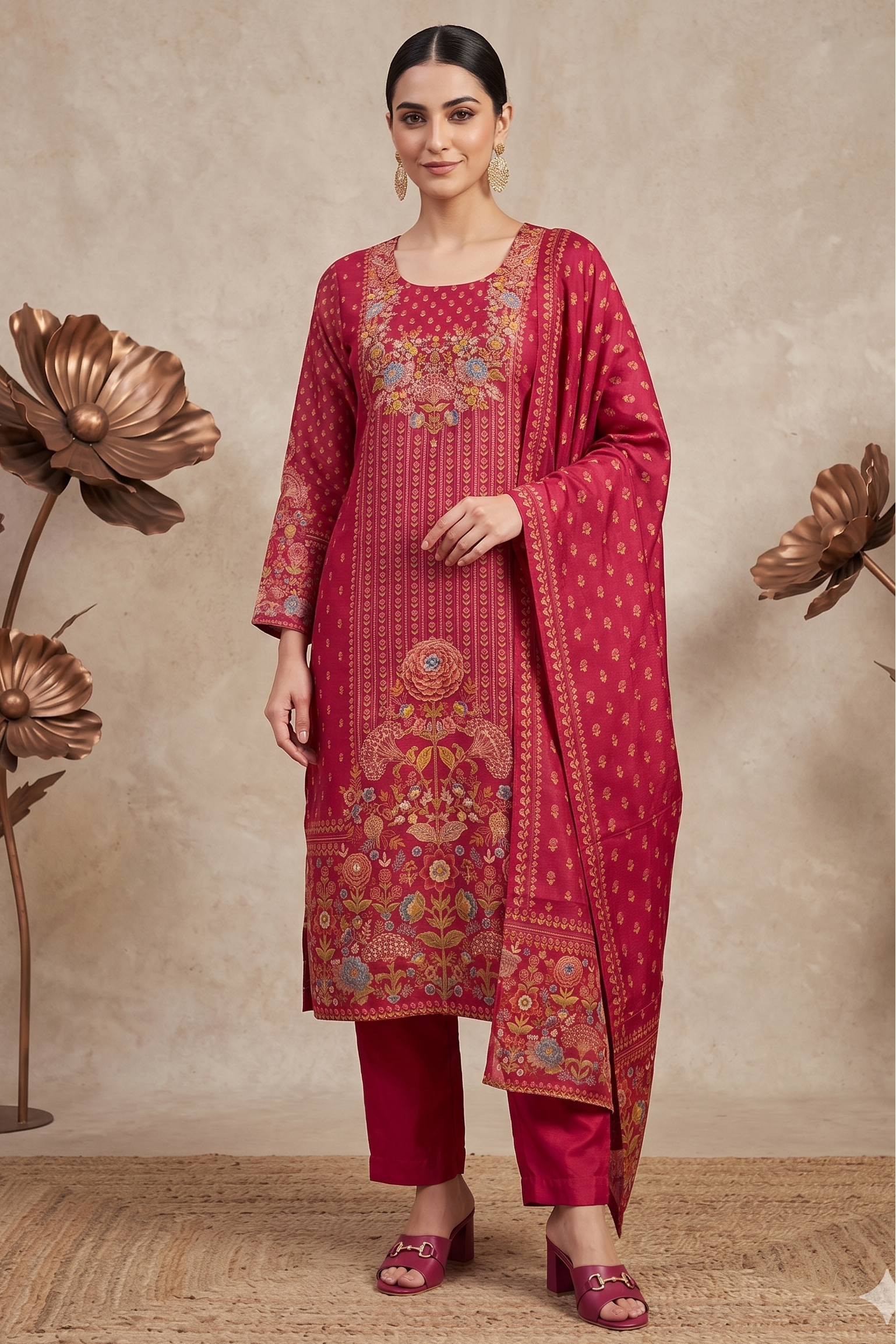 Crimson Embellished Tissue Silk Pant Set