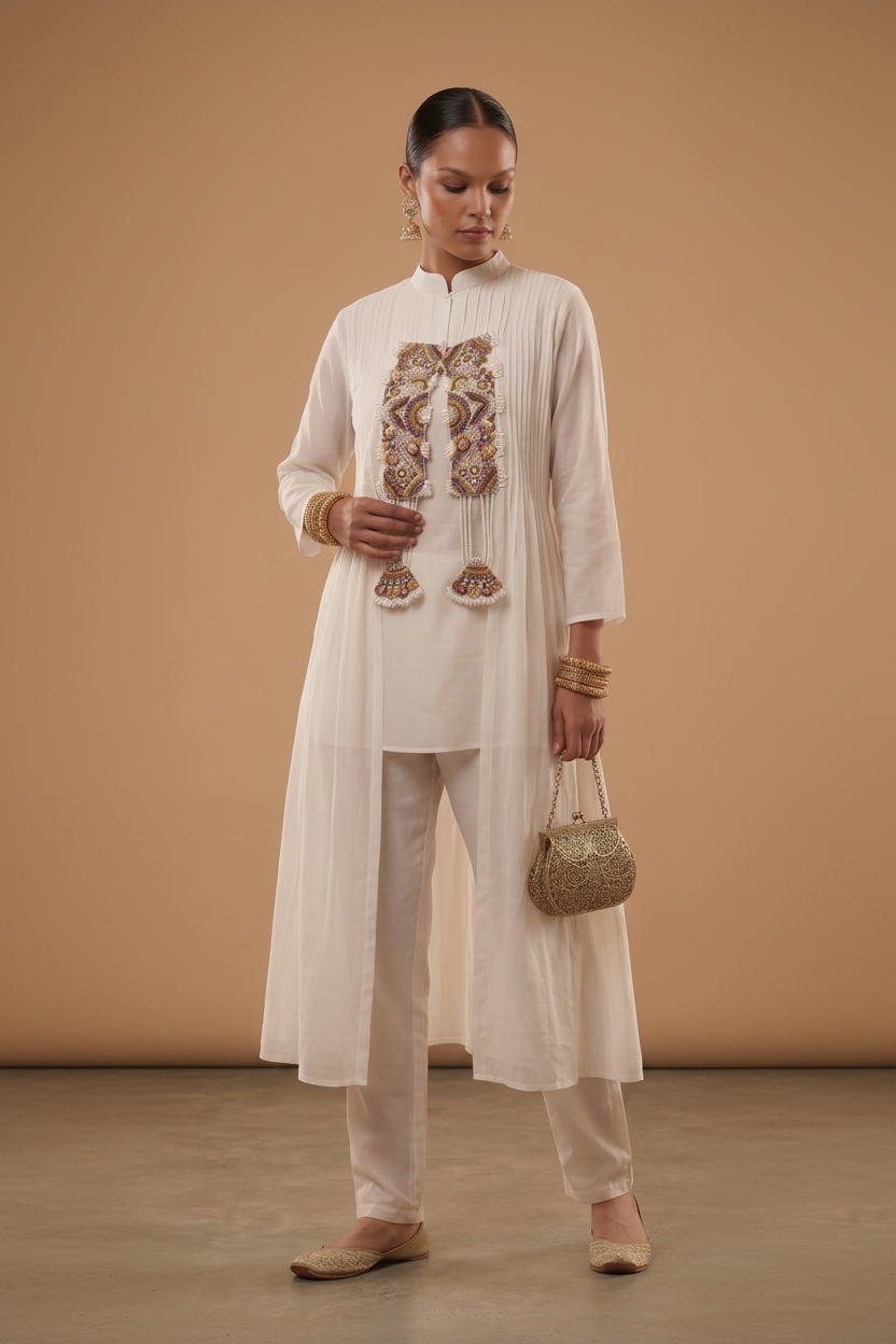 Pearl White Embellished Mul Chanderi Jacket Co-Ord Set