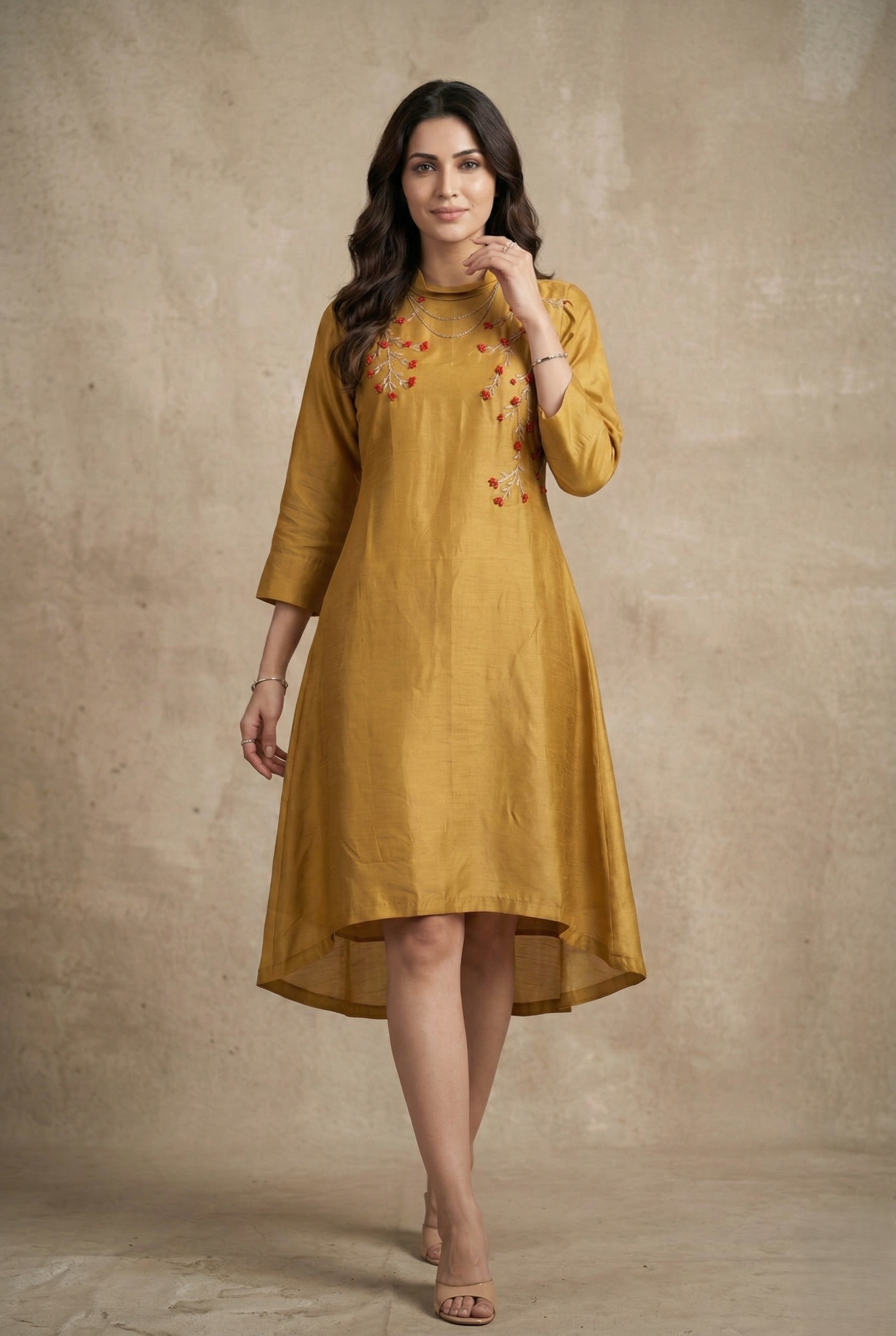Mustard Yellow Embroidered Dola Silk Dress