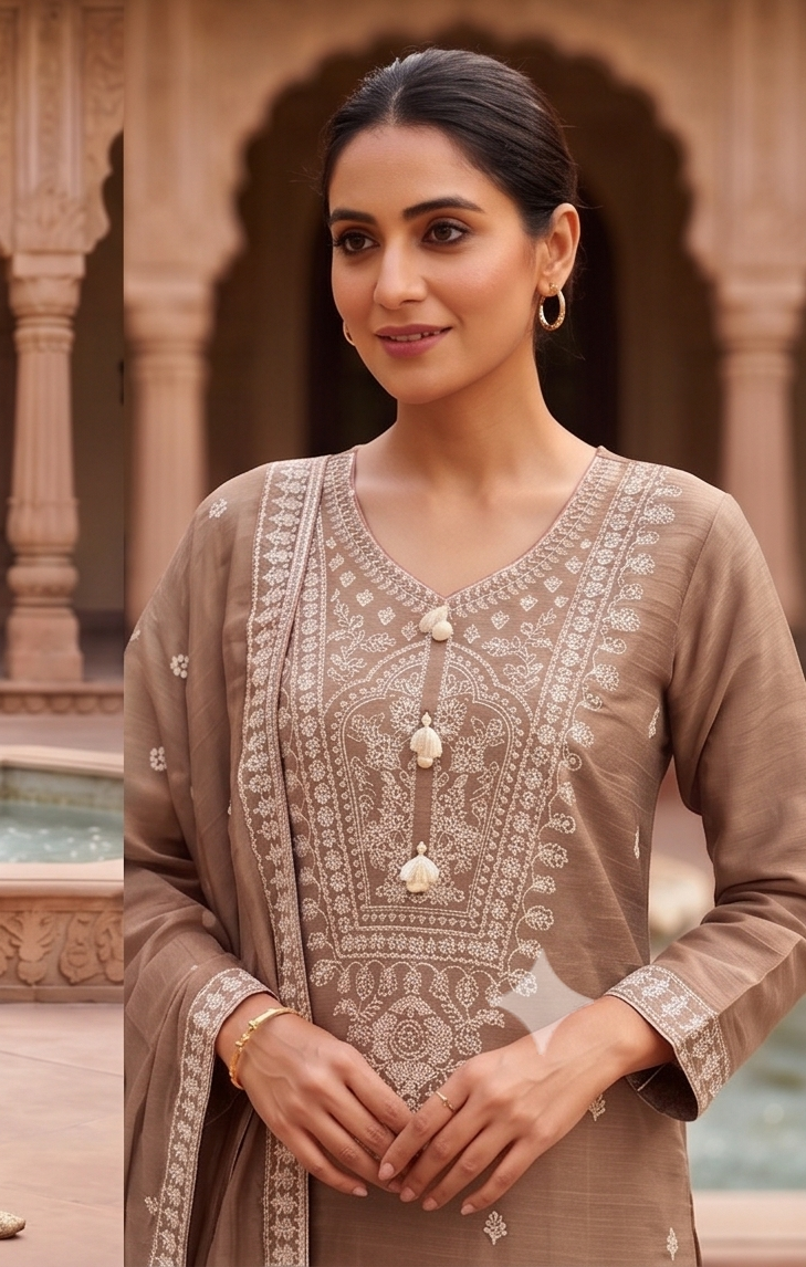 Taupe Embroidered Mul-Chanderi Silk Pant Set