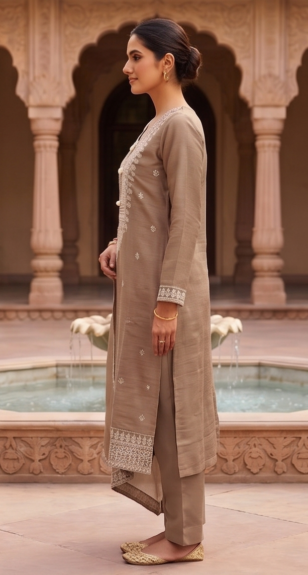 Taupe Embroidered Mul-Chanderi Silk Pant Set