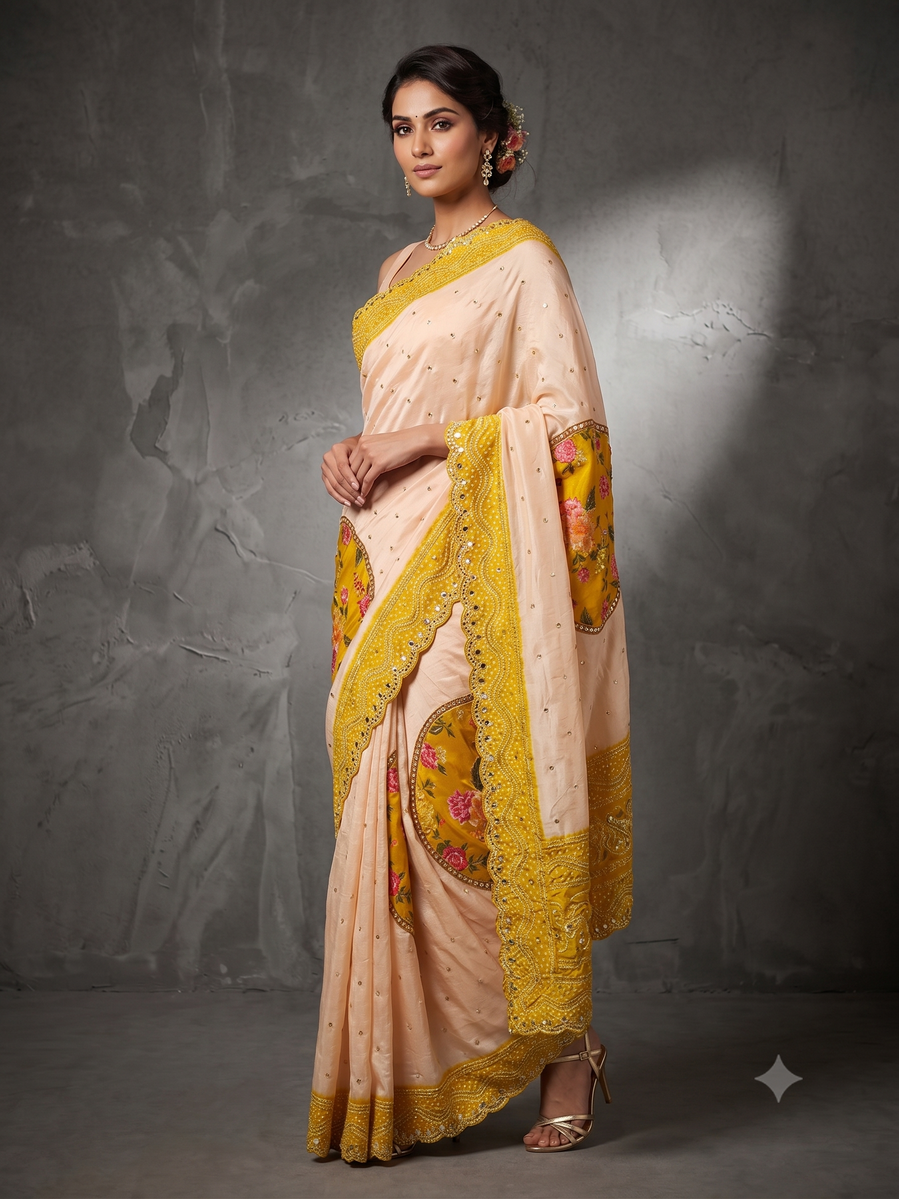 Peach Yellow Bandhni Printed Crepe Silk Saree
