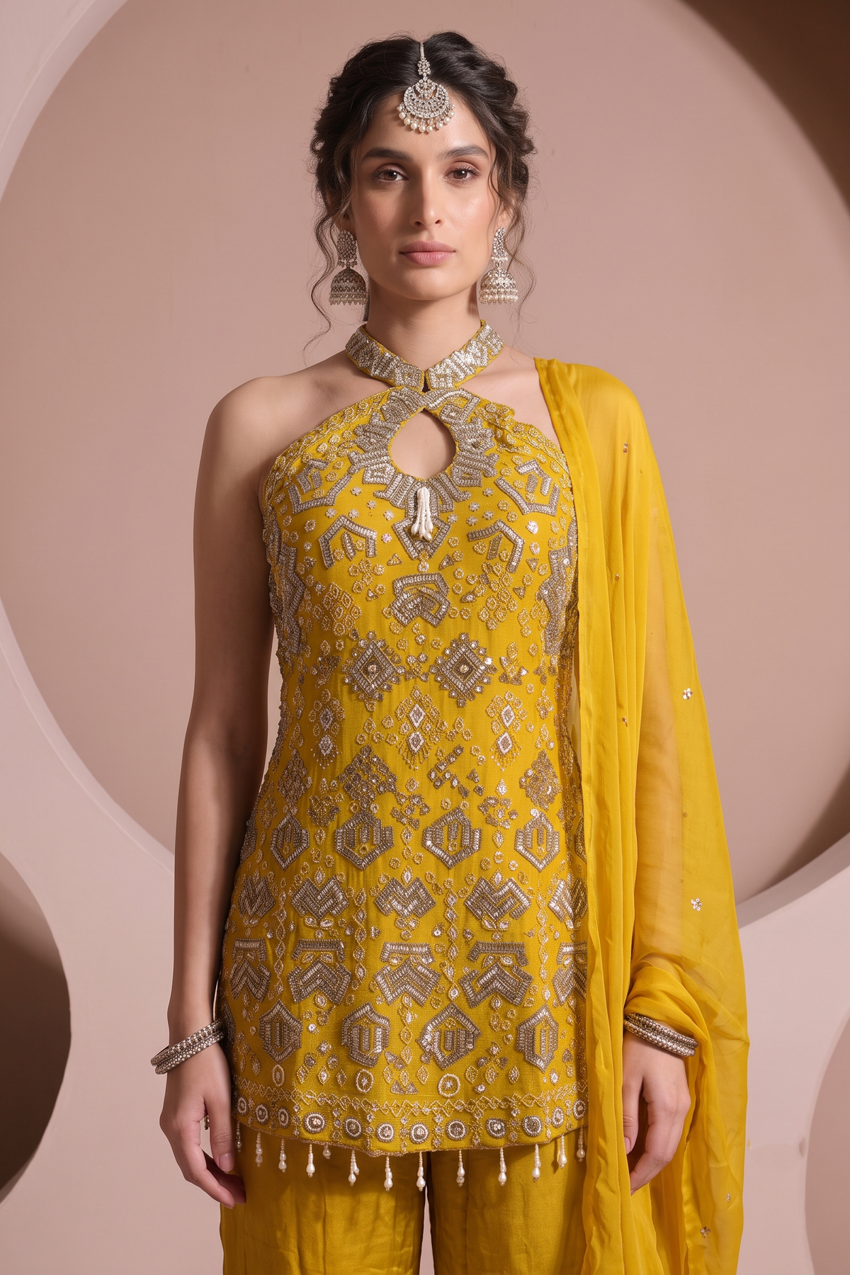 Lemon Mist Embellished Chinon Silk Sharara Set