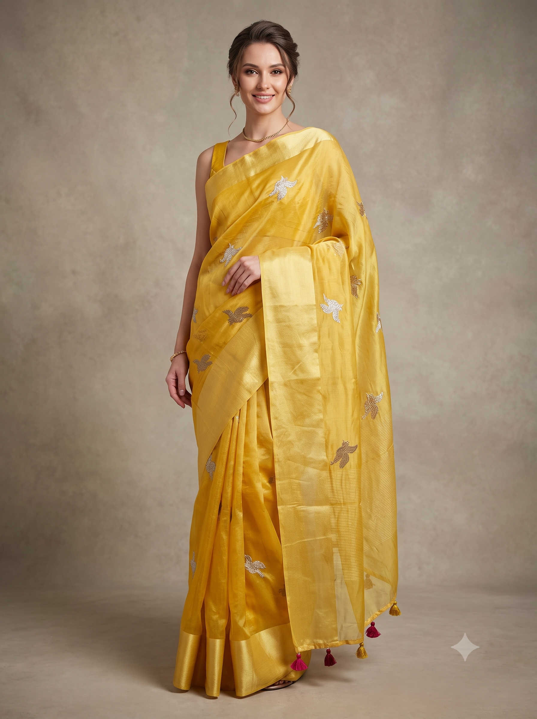 Bright Yellow Embroidered Organza Silk Saree