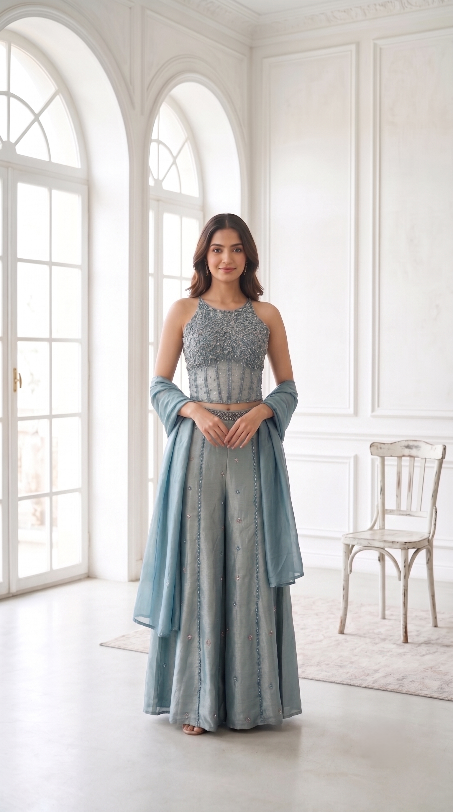 Dusty Blue Embellished Georgette Palazzo Set