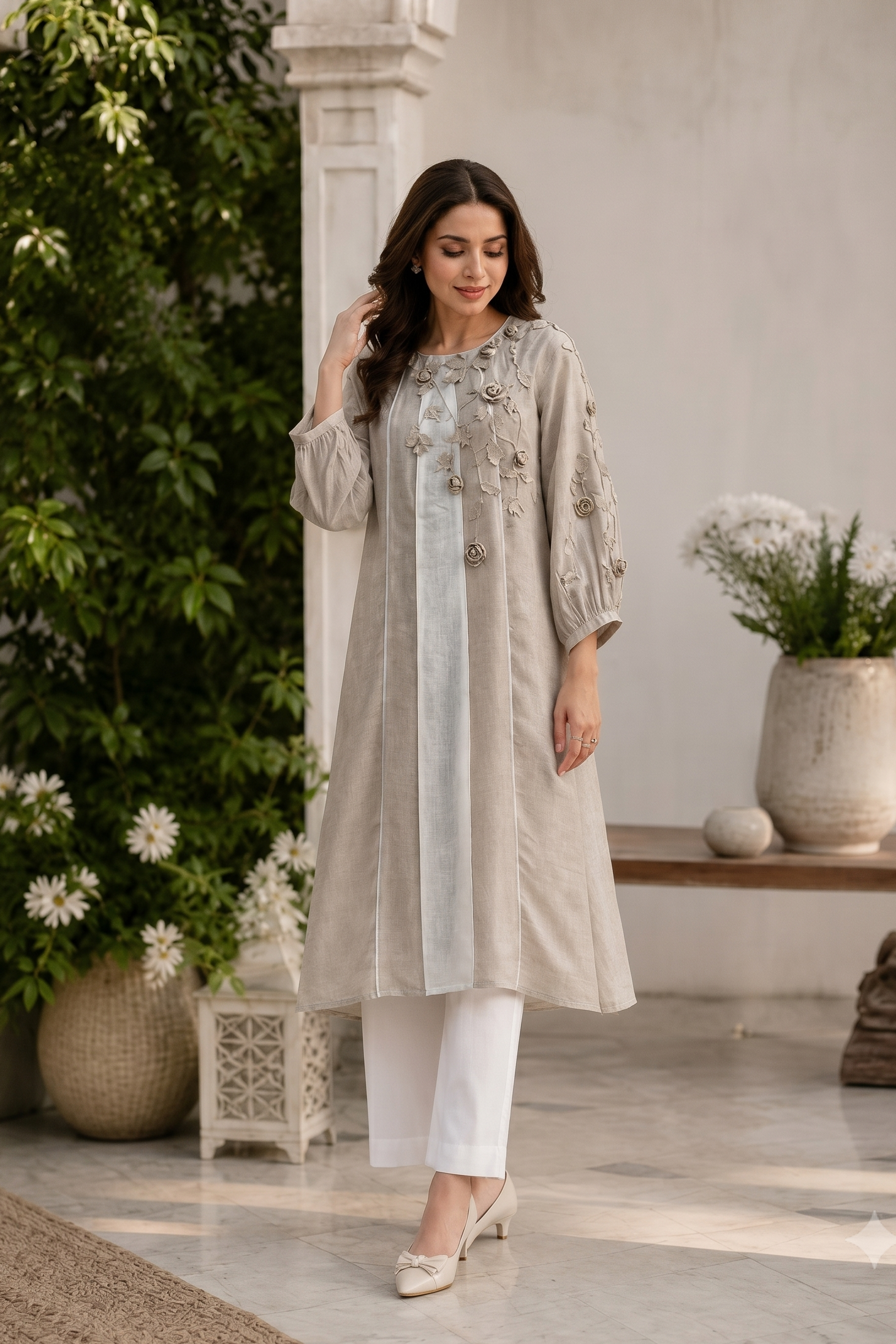 Iris Beige Embroidered Linen Kurta Set