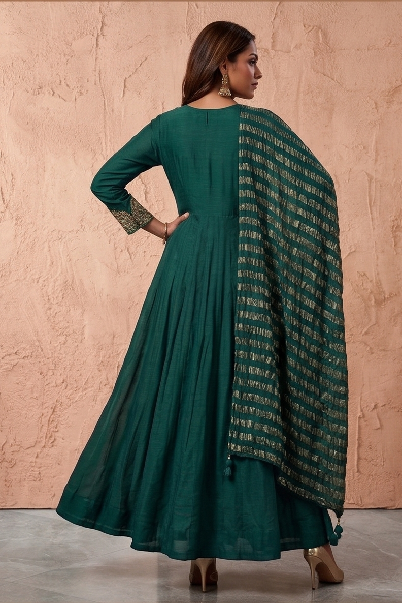 Emerald Green Embellished Chinon Silk Anarkali Set