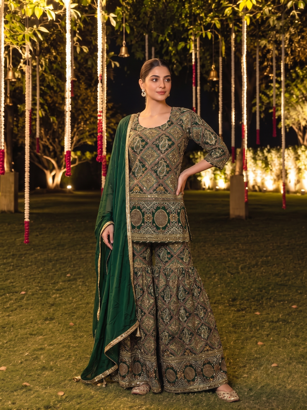 Emerald Green Embellished Crepe Silk Sharara Set