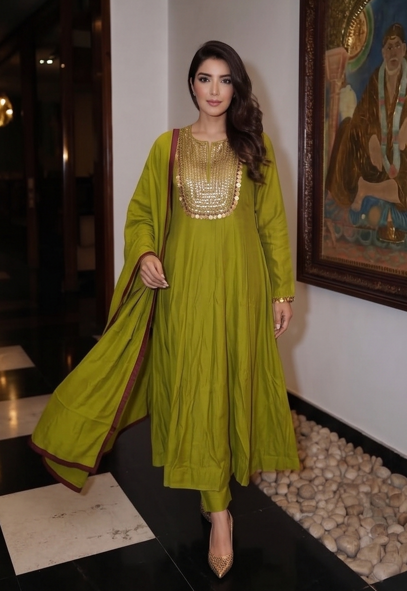 Light Green Embellished Crepe Silk Anarkali Set