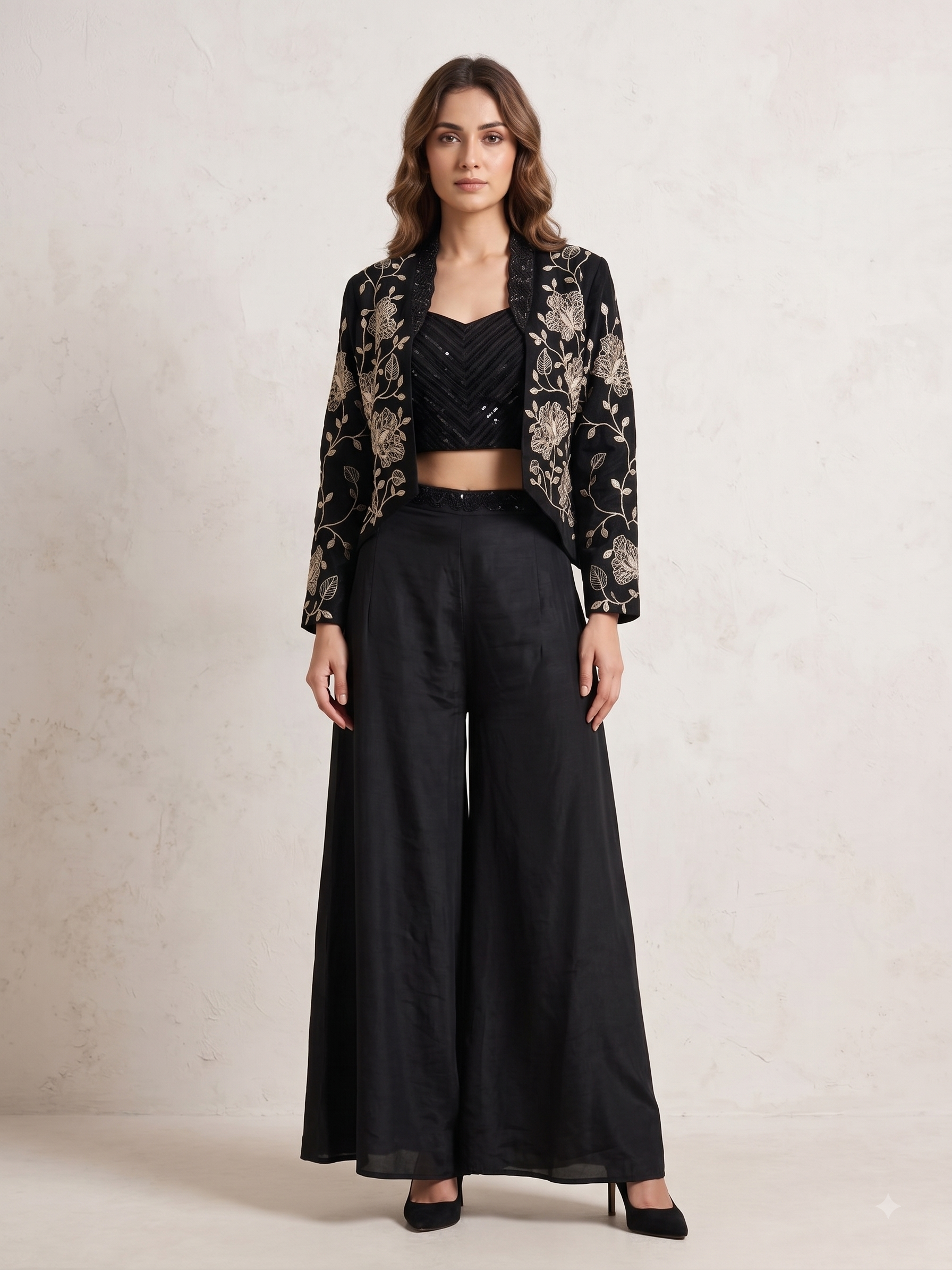 Classic Black Embellished Chinon Silk Palazzo Set