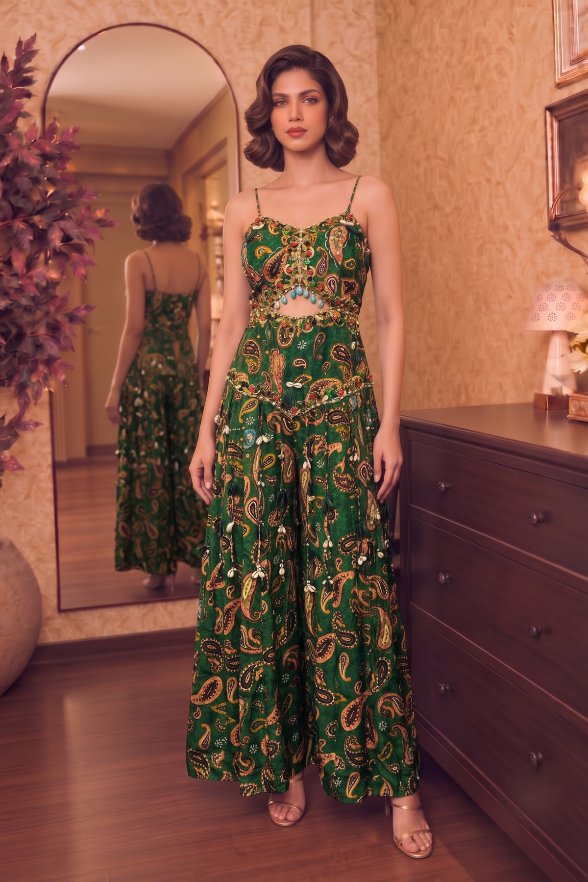 Emerald Green Embroidered Crepe Silk Jumpsuit